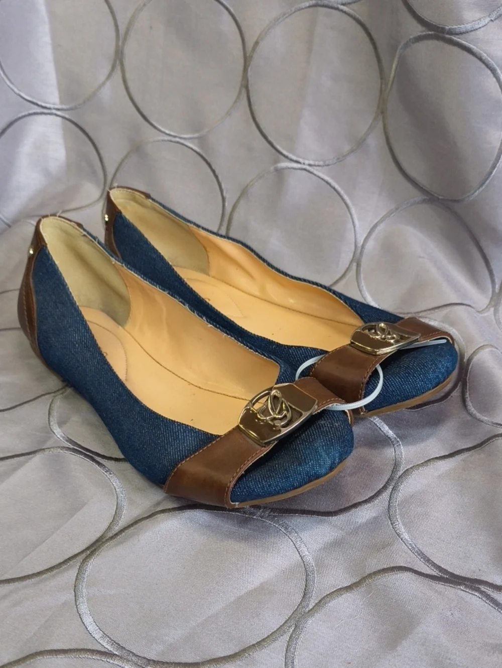 GUESS Denim Navy Ballet Flats with Brown Trim and Logo Accent AB